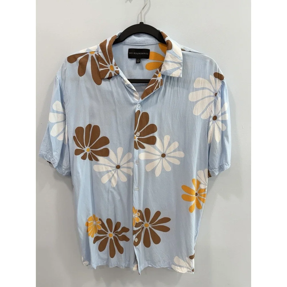 No Boundaries Floral Resort Shirt Mens Medium Blue Daisy Rayon Button Front